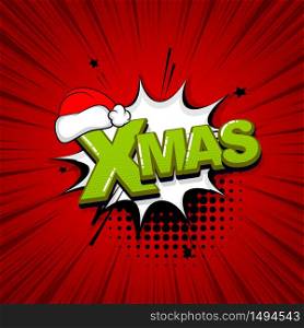 Christmas xmas red hat comic text sound effects pop art style. Vector speech bubble word and short phrase cartoon expression illustration. Comics book background template.. Pop art comic text
