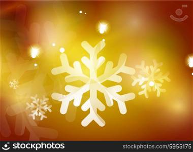 Christmas yellow color abstract background with white transparent snowflakes. Holiday winter template, New Year layout
