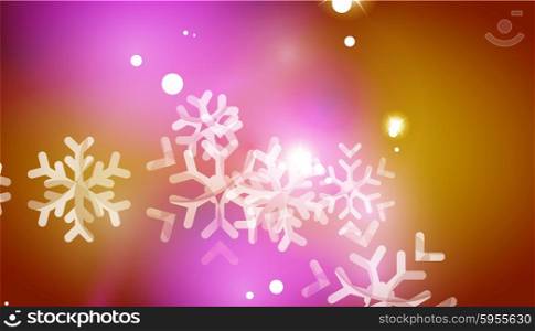 Christmas yellow color abstract background with white transparent snowflakes. Holiday winter template, New Year layout