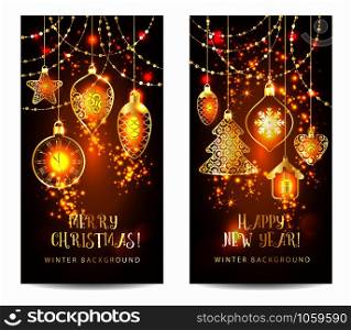 Christmass toys on dark background. Holiday banners set.