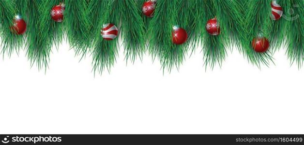Christmat tree branches and christmas balls isolated on white background, vector illustration