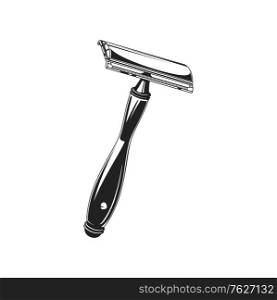 Chrome double-edge safety shaving razor isolated monochrome icon. Vector vintage razor blade holder with metal handle. Old-fashioned shaver from stainless steel, retro barbershop or barber tool. Old safety double edge razor blade holder isolated