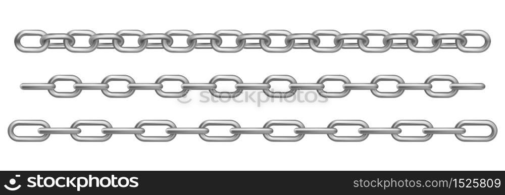 Chrome metal chains isolated on white background. Vector realistic set of straight heavy steel chains with different size links. Frame or border pattern with connected stainless rings. Vector realistic chrome metal chains