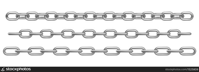 Chrome metal chains isolated on white background. Vector realistic set of straight heavy steel chains with different size links. Frame or border pattern with connected stainless rings. Vector realistic chrome metal chains