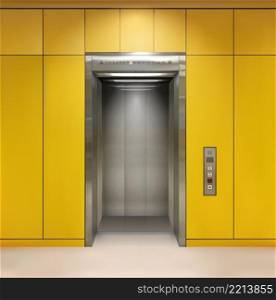 Chrome metal office building elevator doors. Open and closed variant. Realistic vector illustration yellow wall office building elevator.. Chrome metal office building elevator doors. Open and closed variant. Realistic vector illustration yellow wall panels office building elevator.