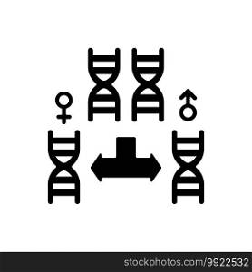 Chromosome division black glyph icon. Genetic engineering. Gene helix. Male and female chromosome. Human reproduction. Science analysis. Silhouette symbol on white space. Vector isolated illustration. Chromosome division black glyph icon