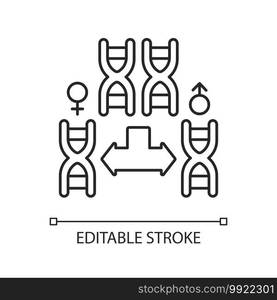 Chromosome division linear icon. Genetic engineering. Gene helix. Male and female chromosome. Thin line customizable illustration. Contour symbol. Vector isolated outline drawing. Editable stroke. Chromosome division linear icon