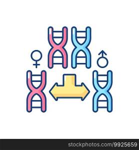 Chromosome division RGB color icon. Genetic engineering. Gene helix. Male and female chromosome. Human reproduction. Medicine, biology research. Science analysis. Isolated vector illustration. Chromosome division RGB color icon
