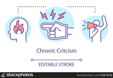 Chronic criticism concept icon. Relationship trouble, constant complaining idea thin line illustration. Pointing finger and person with megaphone vector isolated outline drawing. Editable stroke