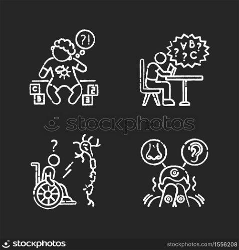 Chronic disease chalk white icons set on black background. Developmental delay. Difficulty with reading from dyslexia. Sensory hypersensitivity. Isolated vector chalkboard illustrations. Chronic disease chalk white icons set on black background