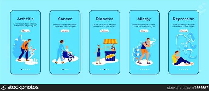 Chronic diseases onboarding mobile app screen flat vector template. Medical treatment. Walkthrough website steps with characters. UX, UI, GUI smartphone cartoon interface, case prints set. Chronic diseases onboarding mobile app screen flat vector template