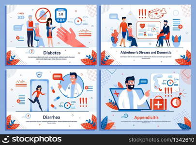 Chronic Diseases Treatment in Clinic Flat Banner Set. Young and Old Senior Patients Taking with Doctor in Hospital Office Patient. Examination, Diagnosis and Cure Illness. Vector Cartoon Illustration. Chronic Diseases Treatment in Clinic Banner Set