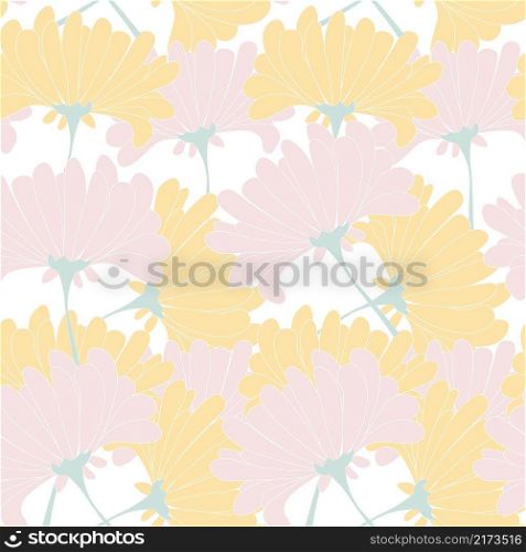 Chrysanthemum seamless pattern. Pastel yellow violet flowers on white endless nature background art design stock vector