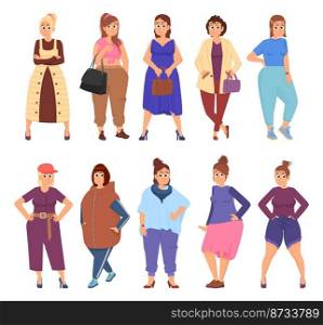 Chubby woman. Happy plump girls, isolated cartoon fashion pretty women. Plus size characters, fat body in diverse casual clothes, decent vector set. Illustration of happy woman overweight. Chubby woman. Happy plump girls, isolated cartoon fashion pretty women. Plus size characters, fat body in diverse casual clothes, decent vector set