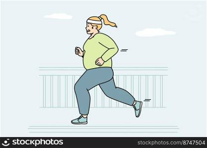 Chubby woman running at street to be fit. Fat girl makes cardio workout outdoor to burn calories. Plump lady jogging in city, taking part in marathon. Weight loss. Vector linear colored illustration.. Fat woman makes cardio outdoor to burn calories.