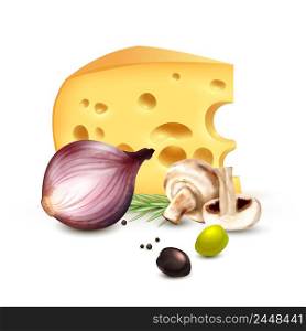 Chunk of cheese with red onion champignons rosemary and olives realistic mediterranean culinary background poster vector illustration . Cheese Onion Olives Realistic Background Poster