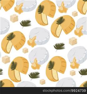 Chunks of cheese served with herbs, seamless pattern. Dairy products, dieting and nutrition. Organic production of restaurant or shop, assortment background. Natural food vector in flat style. Cheese chunks with herbs, dairy products seamless pattern