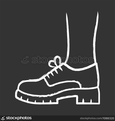 Chunky brogues chalk icon. Women trendy oxford shoes side view. Stylish formal lace ups, elegant footwear design. Female fall, spring office wear fashion. Isolated vector chalkboard illustration