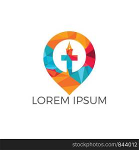 Church and map pointer logo design. Church and gps locator symbol or icon.