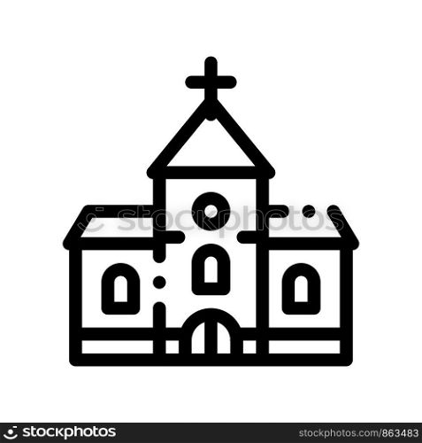 Church Building For Wedding Ceremony Vector Icon Thin Line. Church Celebration Day Linear Pictogram. Party Preparation And Marriage Template Monochrome Contour Concept Illustration. Church Building For Wedding Ceremony Vector Icon