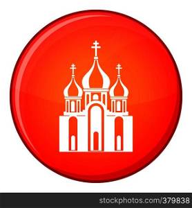 Church building icon in red circle isolated on white background vector illustration. Church building icon, flat style