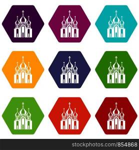 Church building icon set many color hexahedron isolated on white vector illustration. Church building icon set color hexahedron