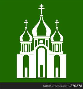 Church building icon white isolated on green background. Vector illustration. Church building icon green