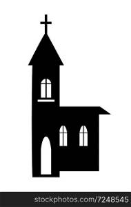 Church building silhouette icon isolated on white background. Vector illustration with black house equipped with small cross on top of roof and bell. Church Building Silhouette Vector Illustration