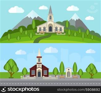 Church buildings in countryside landscape flat horizontal banner set isolated vector illustration. Church Flat Banner Set