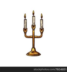 Church candle stand, Christian religion icon. Vector three head candles lamp, Christianity Orthodox and Catholic religious mass symbol. Christian church religious worship candle stand