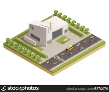 Church Cathedral Road Isometric Composition . Modern protestant church white stone building with cross alongside busy motorway road isometric composition poster vector illustration