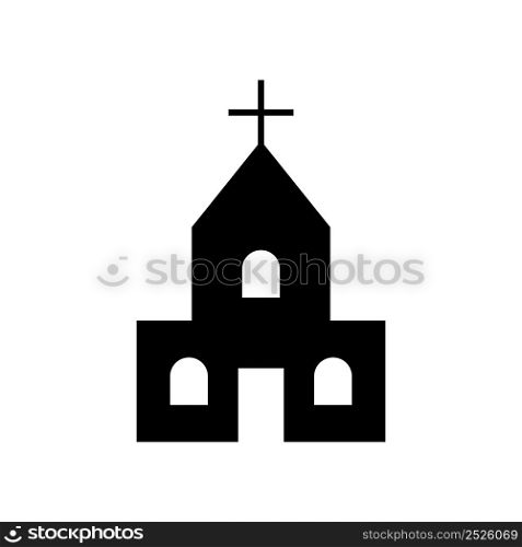 Church. Church icon isolated on white and background. Black chapel icon. Pictogram of christian, catholic and baptism building with cross. Chapel with steeple and cross. Vector.