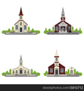 Church Decorative Flat Icon Set. White and red brick churches and chapels with gardens flat color decorative icon set isolated vector illustration