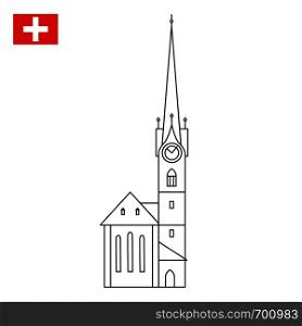 Church Fraumunster in Zurich, Switzerland. Landmark icon in flat style. Swiss national attractions. Vector illustration. Church Fraumunster in Zurich, Switzerland