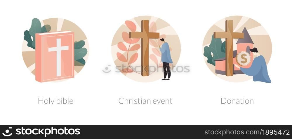 Church gathering abstract concept vector illustration set. Holy bible, christian event, donation fund, word of God, religious media, holy days calendar, sunday mass, charity abstract metaphor.. Church gathering abstract concept vector illustrations.