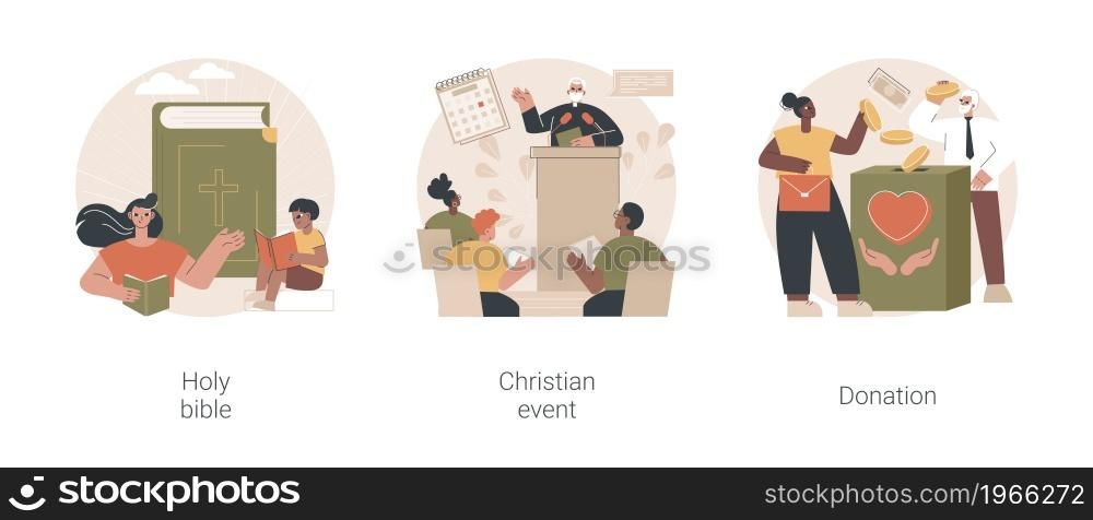 Church gathering abstract concept vector illustration set. Holy bible, christian event, donation fund, word of God, religious media, holy days calendar, sunday mass, charity abstract metaphor.. Church gathering abstract concept vector illustrations.