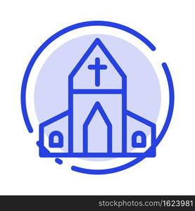 Church, House, Easter, Cross Blue Dotted Line Line Icon