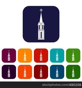 Church icons set vector illustration in flat style in colors red, blue, green, and other. Church icons set