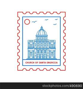 CHURCH OF SANTA ENGRCCIA postage stamp Blue and red Line Style, vector illustration