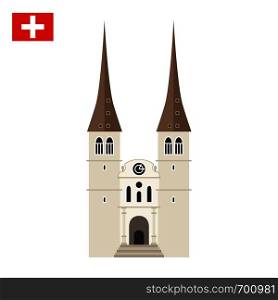 Church of St. Leodegar in Lucerne, Switzerland. Landmark icon in flat style. Swiss national attractions. Vector illustration. Church of St. Leodegar in Lucerne, Switzerland.