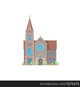 Church or cathedral, medieval gothic chapel or christian temple, vector flat facade. Religion buildings and architecture, church or ancient cathedral with belfry tower and stained glass windows. Medieval church, ancient gothic cathedral, chapel