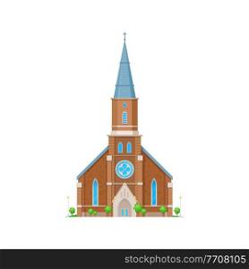 Church or chapel of cathedral, medieval gothic temple building, vector religion place architecture. Christian catholic or evangelic church with crosses on steeples, flat facade. Ancient church, gothic cathedral or temple chapel