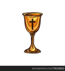 Church religious goblet cup with Christian crucifixion cross. Vector priest worship and mass chalice, Christianity Orthodox and Catholic symbol. Christianity religion symbol, church mass goblet