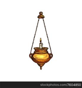 Church sanctuary lamp, Christian religion icon. Vector chancel candle lamp on chains, Christianity Orthodox and Catholic religious mass symbol. Christian church religious worship sanctuary lamp