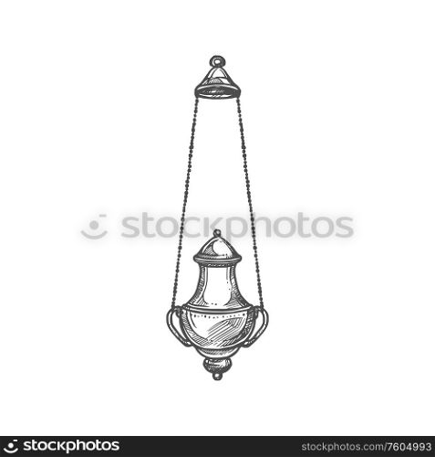 Church thurible, Christian religion icon. Vector priest censer of religious mass, Christianity Orthodox and Catholic priest symbol. Christian church religious worship mass thurible