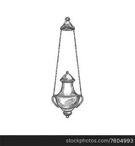 Church thurible, Christian religion icon. Vector priest censer of religious mass, Christianity Orthodox and Catholic priest symbol. Christian church religious worship mass thurible