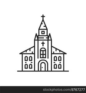 Church with tower isolated religion building thin line icon. Vector catholic tower with crucifix, religious landmark line art. Facade of building with cross, exterior design of medieval church. Catholic religion cathedral isolated church icon