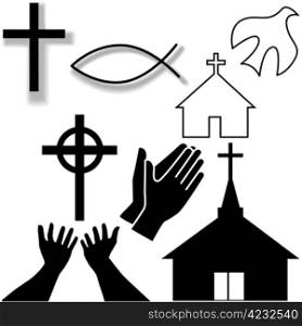 Churches, crosses, holy spirit dove, fish symbol, hands praying and in supplication, as a Christian Symbol Icons Set.