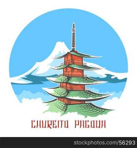 Chureito pagoda landscape japan emblem. Chureito pagoda landscape vector japan emblem. Colored sketch of Fuji mountain panorama with pagoda temple