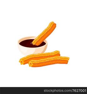 Churros and chocolate dip vector isolated icon. Mexico churro pastry sweet dessert food. Mexican churros pastry and sweet chocolate food